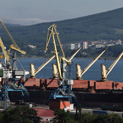 A view shows the Vostochny container port in the shore of Nakhodka Bay