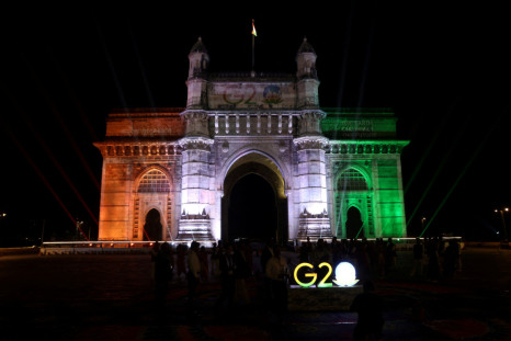 The Gateway of India monument is lit up as part of India's G20 presidency event in Mumbai