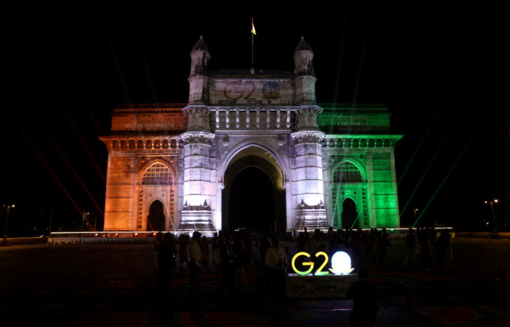 The Gateway of India monument is lit up as part of India's G20 presidency event in Mumbai