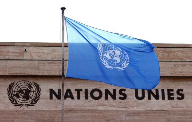 A flag is seen on a building during the Human Rights Council at the United Nations in Geneva