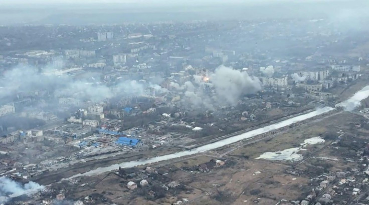This video grab taken from a shooting by AFPTV shows an aerial view of destructions during fighting in the city of Bakhmut on February 27, 2023