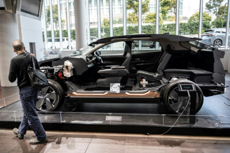 A cutaway display model of one of Nissan's electric vehicles seen at the global headquarters of Japanese automaker Nissan Motor in Yokohama