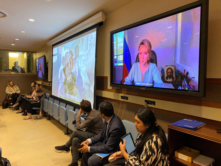 Russia's Commissioner for children's rights Maria Lvova-Belova addresses an informal meeting of U.N. Security Council members via video, in New York
