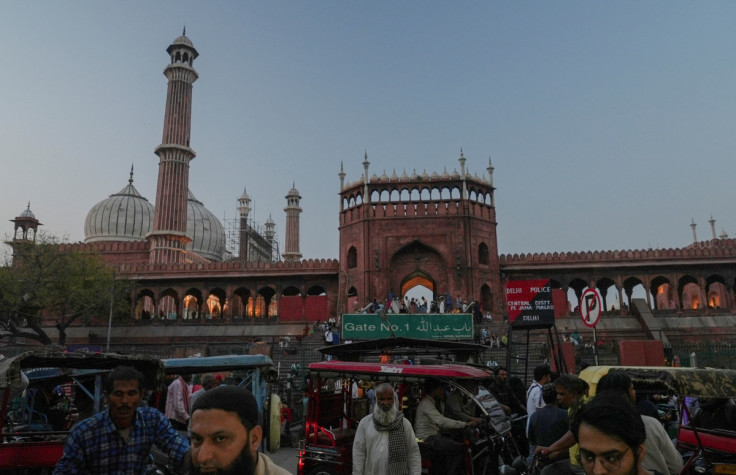 Traffic is seen in front of the Jama Masjid mosque in the old quarters of Delhi