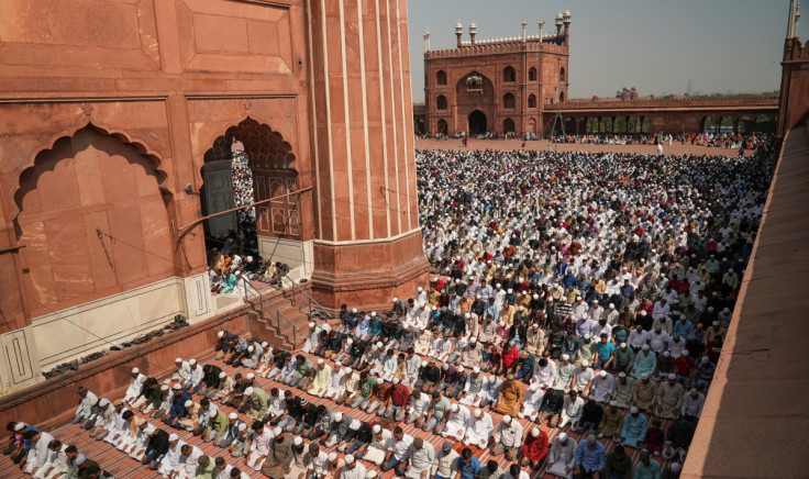 Devotees gather at the Jama Masjid mosque in the old quarters of Delhi