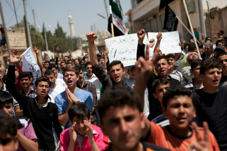 Syrian protesters during an anti-regime demonstration in the town of Atareb, west of Aleppo, on April 27, 2012