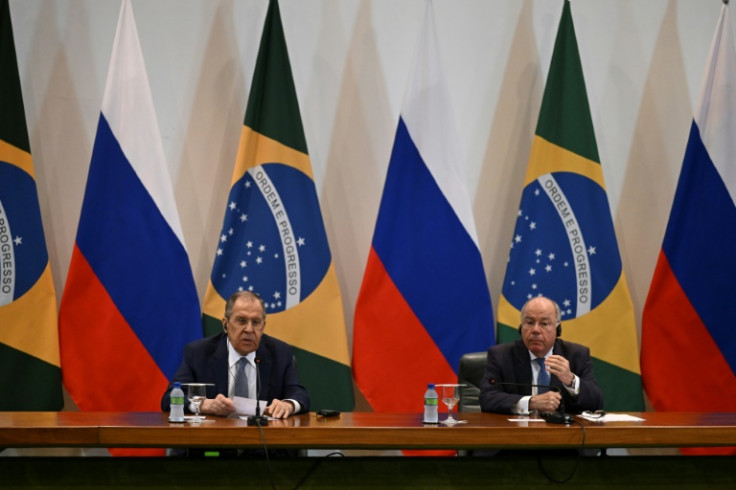 Russian Foreign Minister Sergei Lavrov (L) speaks during a joint press conference with his Brazilian counterpart Mauro Vieira (R) at Itamaraty Palace in Brasilia on April 17, 2023