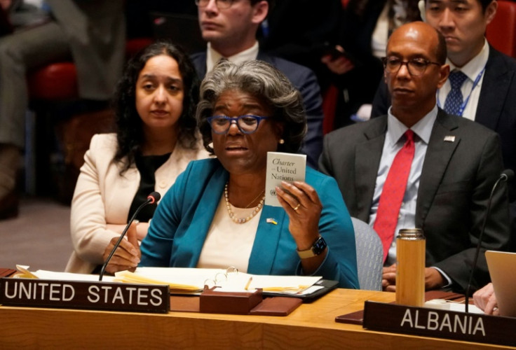 US Ambassador to the UN Linda Thomas-Greenfield speaks as Russian Foreign Minister Sergei Lavrov chairs a Security Council meeting on defending the principles of the UN Charter at UN Headquarters in New York on April 24, 2023