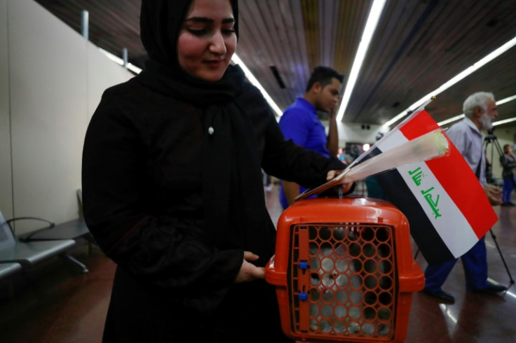 A woman evacuated from Sudan to Iraq holds her pet cat as she arrives at Baghdad International Airport on April 27