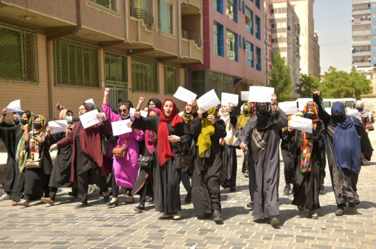 Ahead of the talks, Afghan women protest in Kabul against any international recognition of the Taliban government