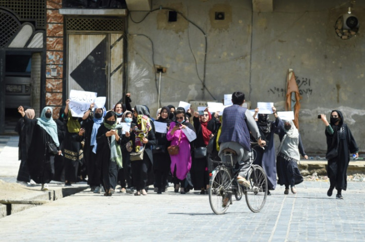 Afghan women protest in Kabul ahead of the UN meeting to oppose any moves to recognise the Taliban government