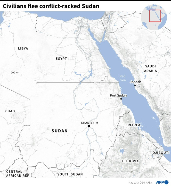 Map of Sudan and neighbouring countries as civilians flee