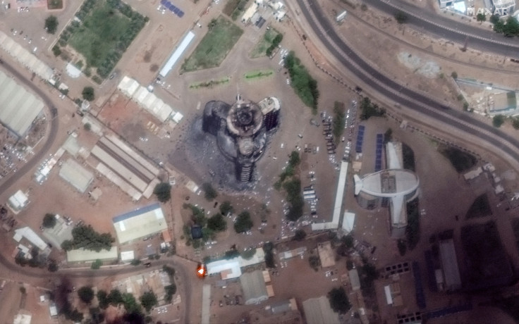 Satellite image shows burned and damaged General Command of the Sudanese Armed Forces headquarters building in Khartoum