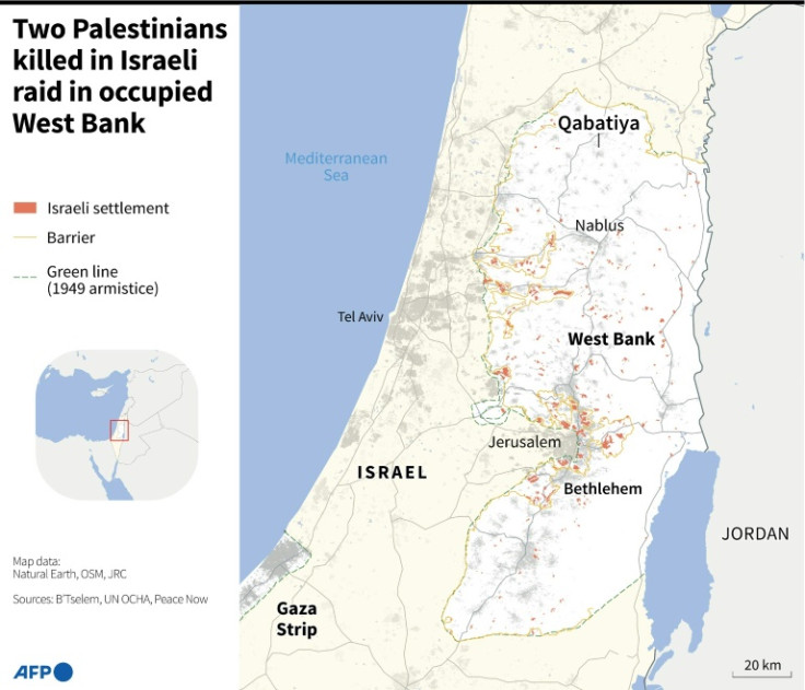 Map of the West Bank showing the location of Israeli settlements and the town of Qabatiya, the target of an Israeli raid on May 10