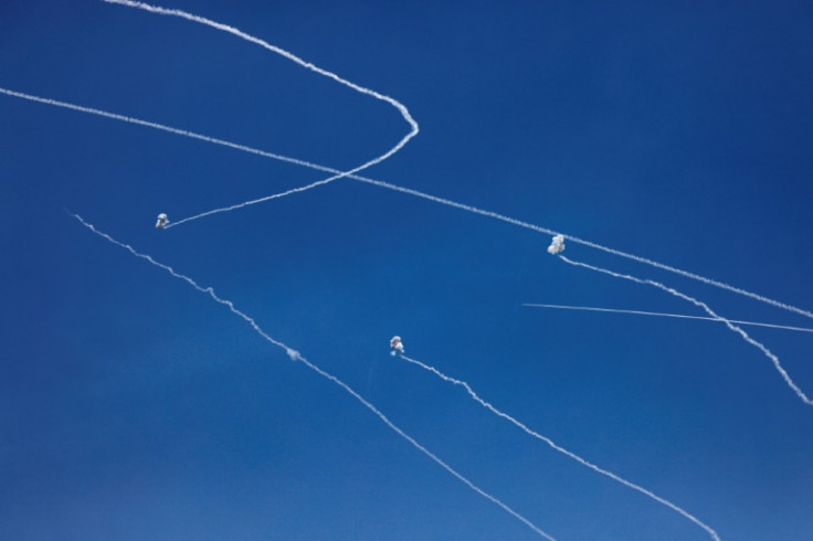 Israel's Iron Dome air defence system intercepts rockets launched from the Gaza Strip, above Ashkelon on May 10, 2023