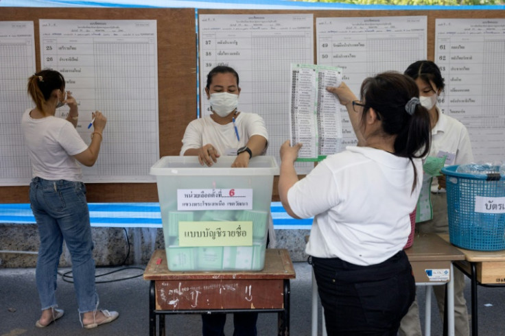 The Thai baht hit a five-week high as polls suggested pro-democracy parties were on course to win weekend general elections