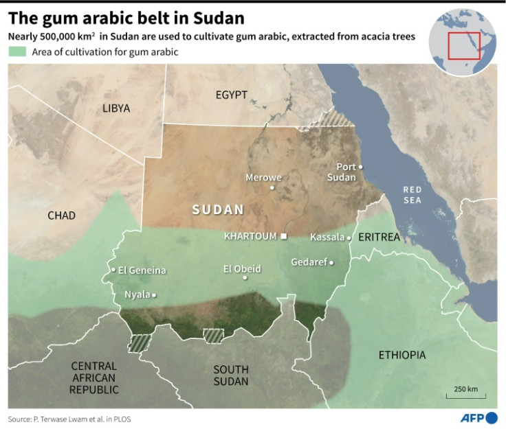 Map of growing regions for gum arabic, made from Senegalese acacia in Sudan and neighbouring countries