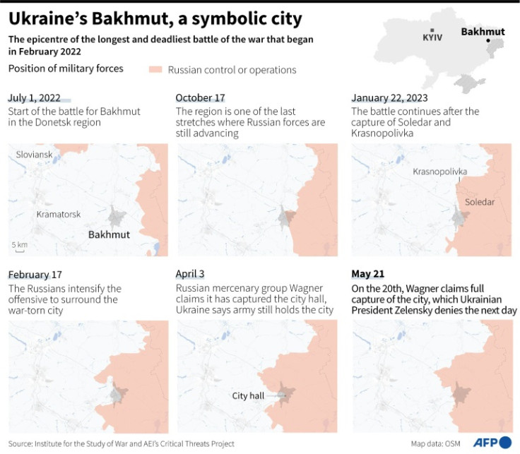 Map showing the changes on the frontline in and around Ukraine's Bakhmut in the Donetsk region, between July 1, 2022 and May 21, 2023