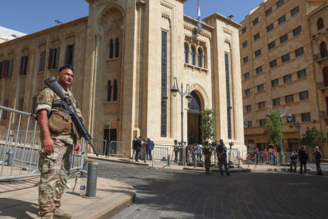 A member of the Lebanese army stands guard as Lebanon's parliament is set to convene in a bid to elect a head of state to fill the vacant presidency, in downtown Beirut