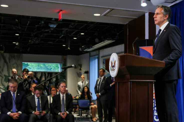 US Secretary of State Antony Blinken speaks during a press conference at the Beijing American Center of the US embassy