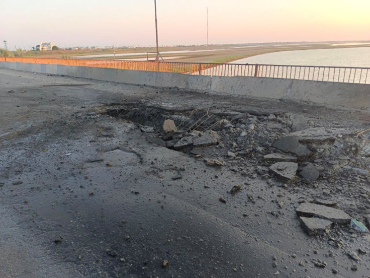 A view shows the damaged Chonhar bridge connecting Russian-held parts of Ukraine's Kherson region to the Crimean peninsula