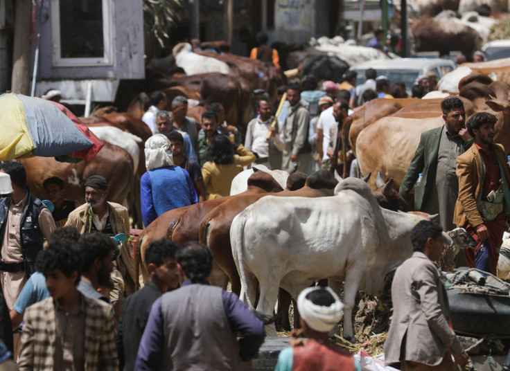 People gather at a livestock market in Sanaa