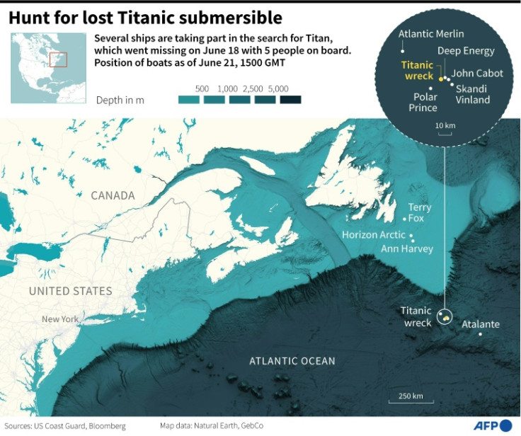Map showing the location of the Titanic wreck, around which several boats are trying to find a tourist submersible that went missing with five people on board, with more on the way