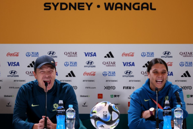 Australian coach Tony Gustavsson (L) and captain Sam Kerr were all smiles at their pre-match press conference