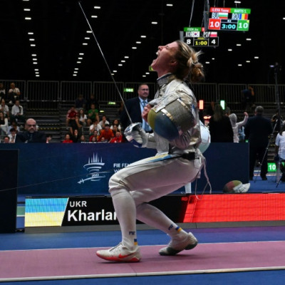Ukraine's Olha Kharlan celebrates beating Russian Anna Smirnova competing as a neutral in the first meeting of an athlete representing Ukraine against a Russian since the 2022 invasion