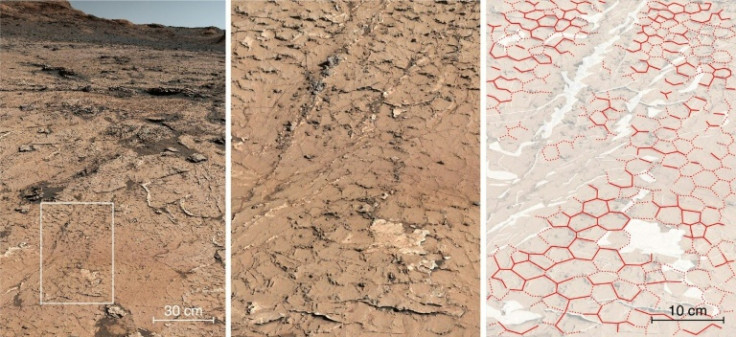 An image taken by the Curiosity rover showing the hexagonal cracked mud in a Martian crater that was once a vast lake