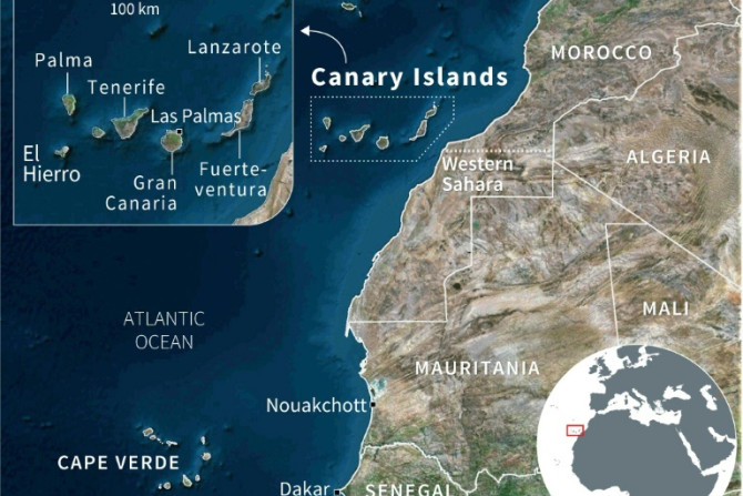 Satellite map of the Canary Islands, Cape Verde and the African coast