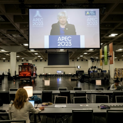 US Treasury Secretary Janet Yellen is seen on a screen as she speaks during a press conference in the Moscone Convention Center at the APEC summit in San Francisco
