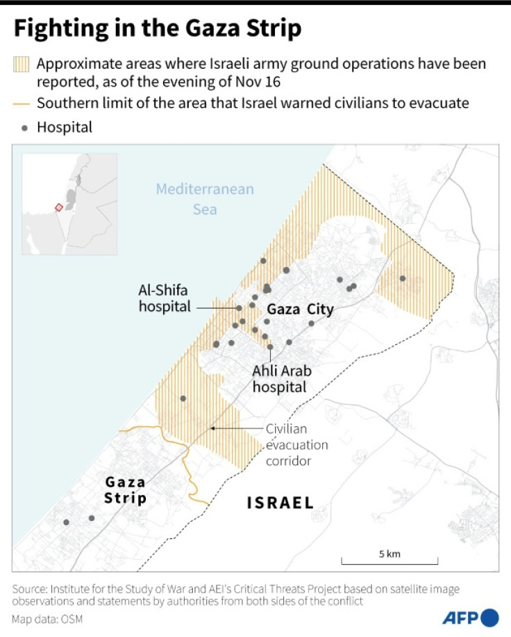 Map of northern Gaza Strip with approximate zones where Israeli army ground operations have been reported and location of hospitals including Al-Shifa