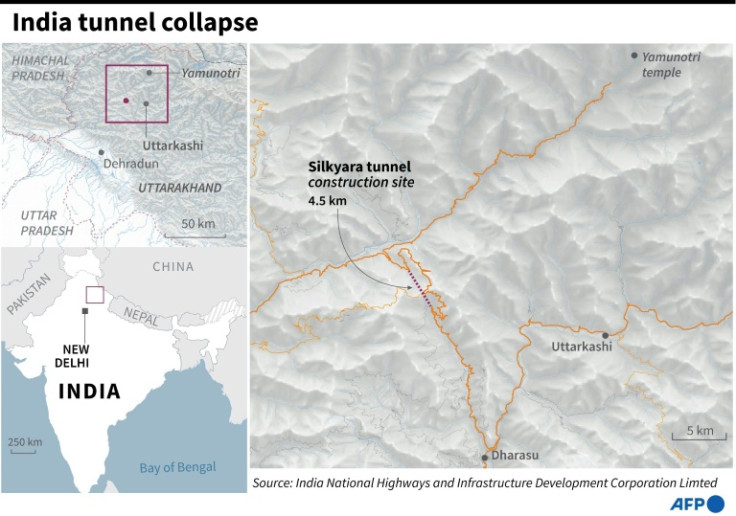 Local map of the Silkyara tunnel construction site in northern India's Uttarakhand state where 40 workers have been trapped since November 12