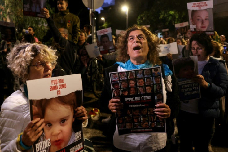 Hundreds of people protested outside the UN children's fund in Tel Aviv to demand the release of around 240 hostages, including children, held by Hamas militants