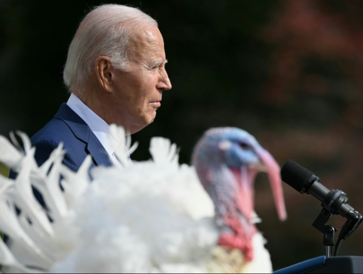 US President Joe Biden pardons the national Thanksgiving turkey, Liberty, during a pardoning ceremony at the White House
