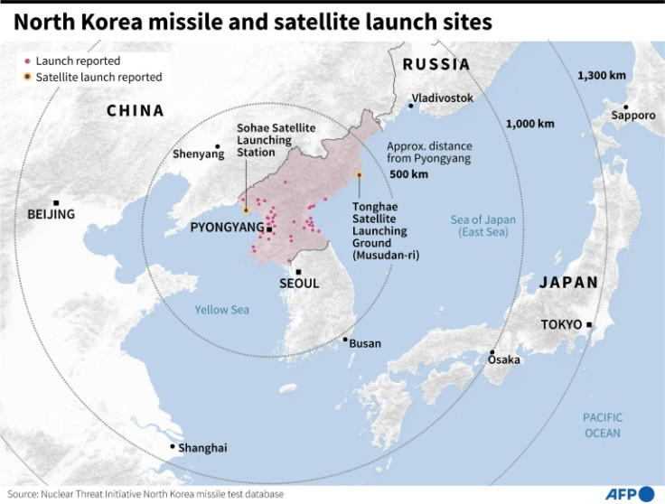 Map showing North Korea's missile and satellite launch sites, and neighbouring countries.