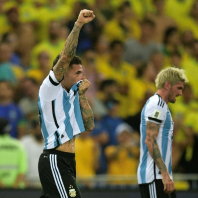 Argentina defender Nicolas Otamendi salutes the crowd after his winning goal in a 1-0 World Cup qualifying victory over Brazil
