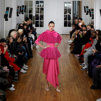 A rafia dress in flamingo pink was among the highlights at Ayissi's show