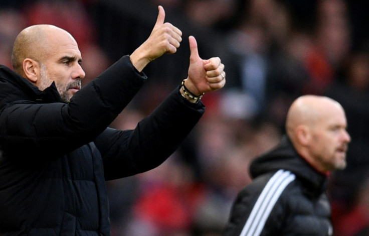 Thumbs up: Manchester City manager Pep Guardiola (left) pits his wits against Manchester United boss Erik ten Hag