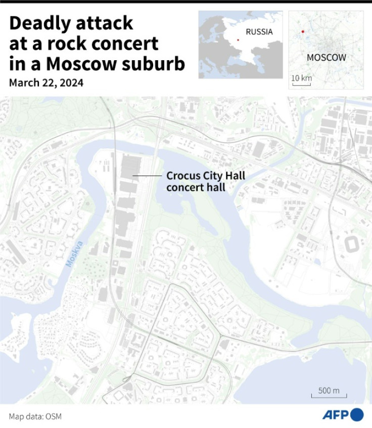 Map showing the location of the Crocus City Hall concert hall, at Krasnogorsk on the outskirts of the capital, where a deadly shooting and fire occurred on Friday