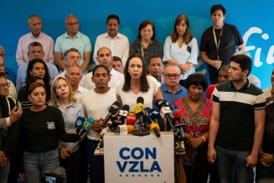 Venezuelan opposition leader Maria Corina Machado speaks during a press conference at her party headquarters in Caracas, on March 26, 2024