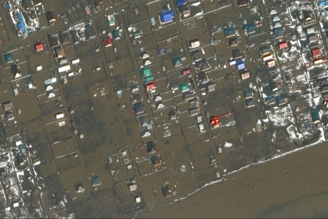 A handout satellite image from Maxar Technologies of flooding near Orenburg airbase on April 3