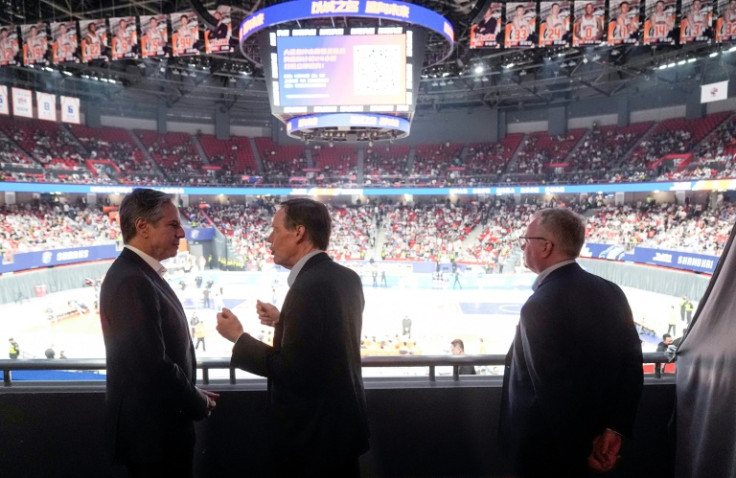 Blinken watched a nail-biting play-off match between the Shanghai Sharks and Zhejiang Golden Bulls