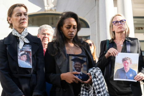 Catherine Berthet (L) and Naoise Ryan (R) join relatives of people killed in the Ethiopian Airlines Flight 302 Boeing 737 MAX crash at a press conference in Washington, DC, April 24, 2024
