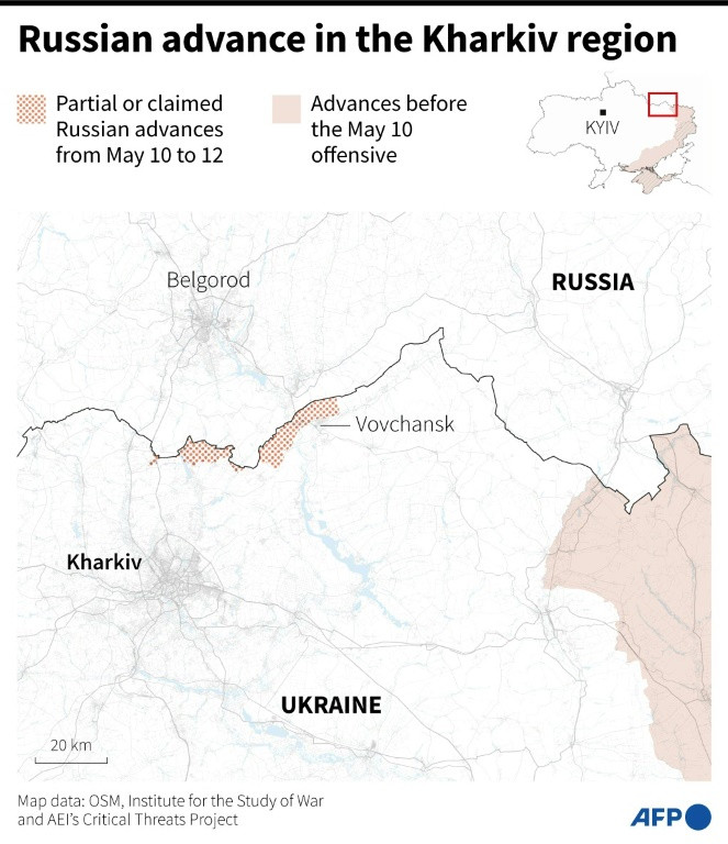 Map of northeastern Ukraine showing the frontline in the Kharkiv region and the Russian advances from May 10 to 12