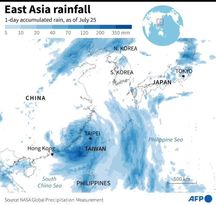Map showing 1-day accumulated rainfall in East Asia on July 25.