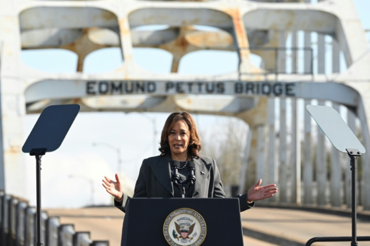 US Vice President Kamala Harris speaks at the Edmund Pettus Bridge during an event to commemorate the 59th anniversary of "Bloody Sunday" in Selma, Alabama