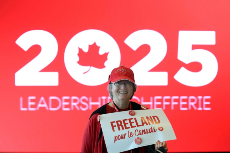 A supporter holds up a sign for former deputy prime minister Chrystia Freeland at the Liberal Party of Canada Leadership convention in Ottawa