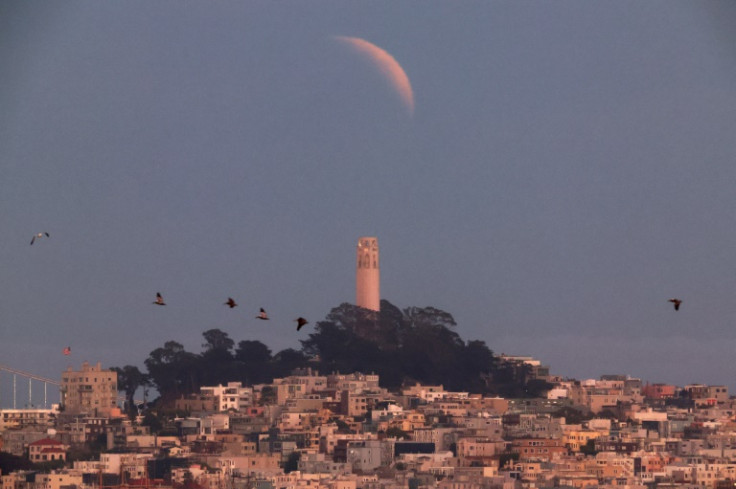 A partially eclipsed Blood Moon over San Francisco on May 15, 2022